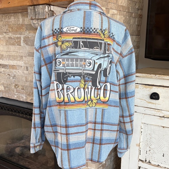 Ford Tops - Ford Bronco shacket flannel blue brown cream flannel butterflies Bronco graphic